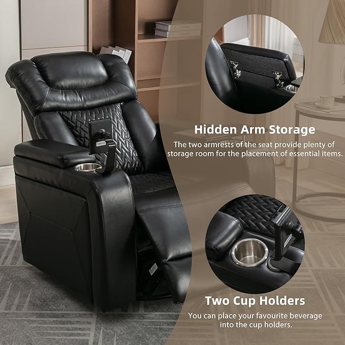 270 Degree Swivel Chair PU Leather Power Recliner Individual Seat with Comforable Backrest Tray Table Phone Holder Cup Holder USB Port Hidden Arm Storage for Living Room Home Theater Black