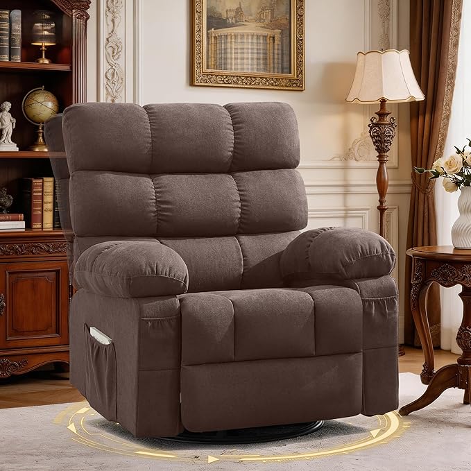 Swivel Rocker Recliner Chair for Adults 360° Upholstered Manual Recliners for Small Spaces Single Seat Glider Reclining Chair with Side Pockets Ergonomic Reading Chair for Living Room RV Bedroom