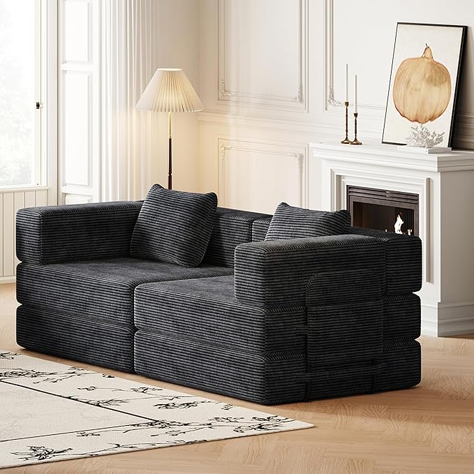 KEIKI 72.4'' Convertible Sofa Bed 2 Seat Corduroy Fabric Sofa with Two Side Storage Pockets and Two Cushions Comfortable Folding Sleeper Carpeted Couch for Living Room Bedroom and Study Black