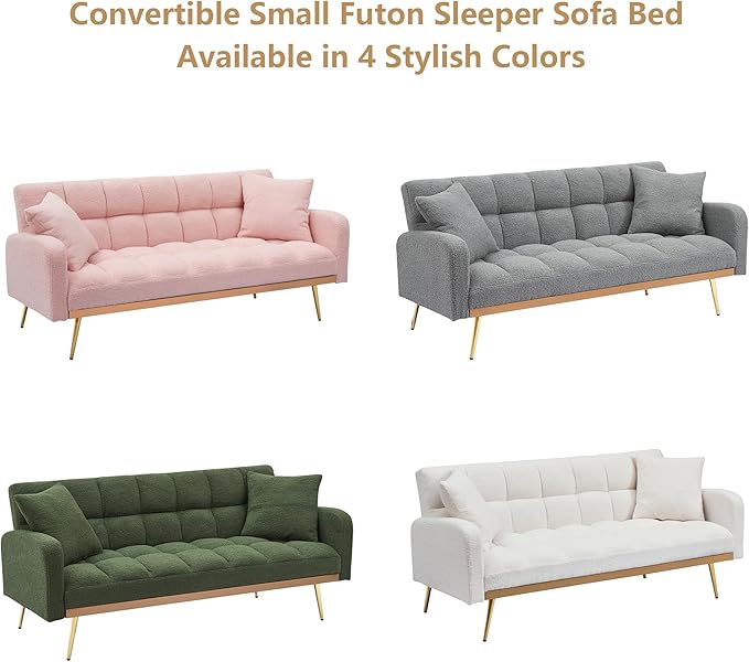 Teddy Futon Sofa Bed69 Modern Small Love Seat Couch for Small SpacesConvertible Tufted Sleeper Sofa Loveseat Couch Bed with Gold Metal Legs for Living RoomBedroom (Teddy Beige)