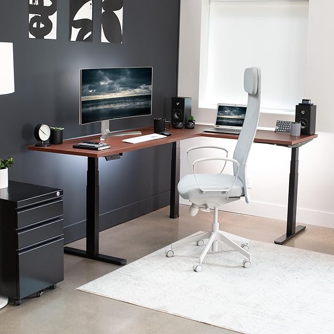 VIVO Electric 78 x 55 inch Square Corner Memory L Shaped Stand Up Desk Dark Walnut Table Top Black Frame Corner Height Adjustable Workstation 3E-S Series DESK-KIT-3E5SBD