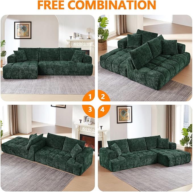 Luxury 108 Sofa with Oversized Chaise L-Shaped Chenille Modular Cloud Couch with Deep Seat &amp 2 Pillows Orange Boneless Couches for Living Room Apartments Homes (Green Left Facing Chaise)