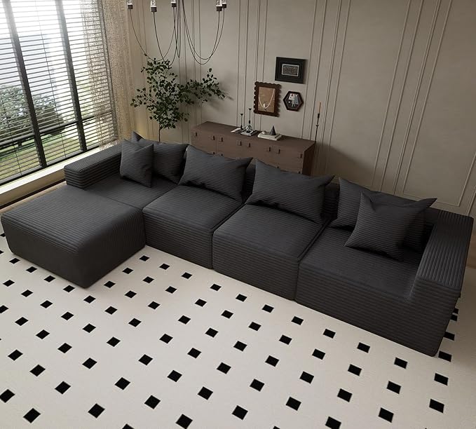 Modular Sectional Sofa CouchOversized Cloud with Deep Seat CouchesBoneless Compression Foam Sofa with Pillows for Living Room/Apartment/Bedroom (Grey 4 Seater with 1 Ottoman)