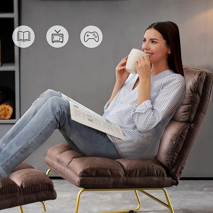 MCombo Accent Chair with Ottoman Set Modern Armless Chair for Living Room Bedroom Small Space 4013 (Heat-Stamped Fabric Dark Brown)