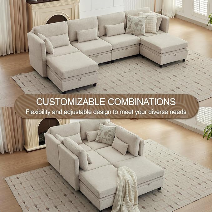 Sectional Modular Sofa with Storage Sectional U Shaped Couches for Living Room Cloud Convertible Sectional Sofa with Chaise 6-Seat Couch with Cushions Adjustable Backrest Khaki