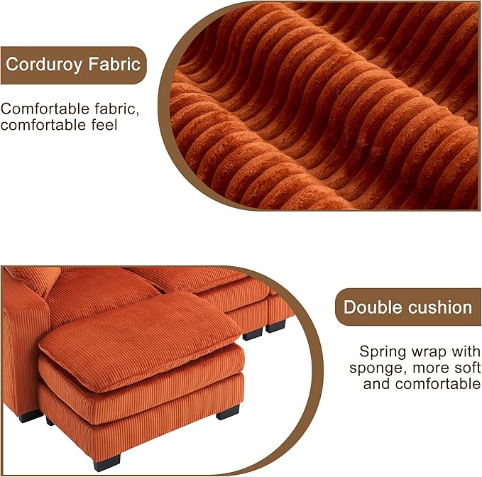 143 Large Modular Sectional Sofa Convertible U - L Shaped 6-Seat Sofa Couch with One Ottoman Chaise and Pillows Sectional Couches Comfy Corduroy Upholstered Sofa Sleeper for Living Room (Orange)