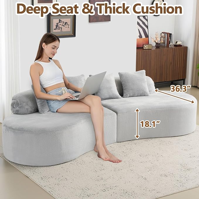 112 Grey Curved Boneless Couch with Cushions Modern Cloud Sofa for Living RoomChenille Sectional Minimalist Deep Seat Luxurious No Assembly