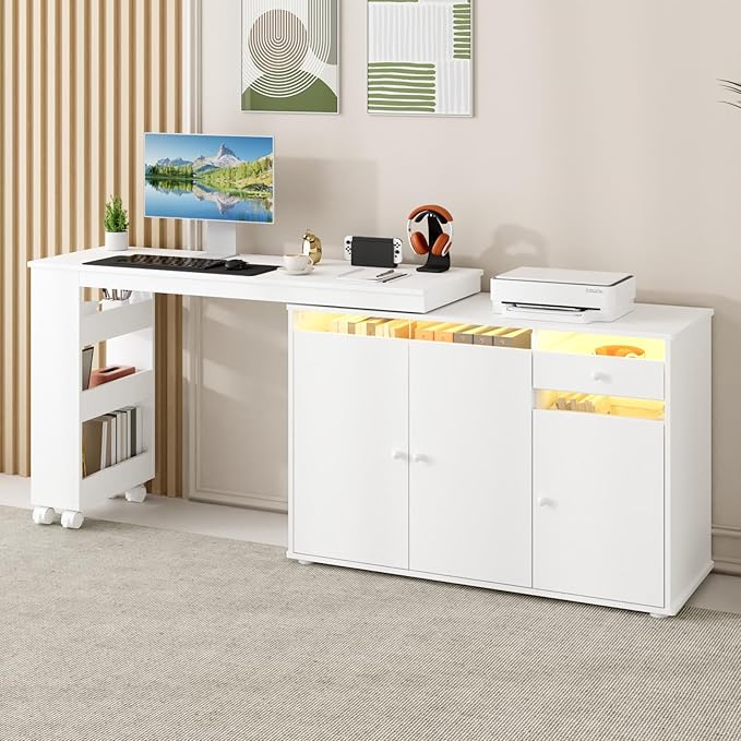 53 L-Shaped Computer Desk Rotating Home Office Desk with Storage Cabinet &amp Drawer Modern Study Writing Table with LED Light Reversible Corner Desk Small Space &amp Bedroom Workstation White