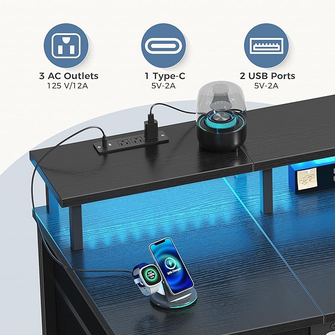 DUMOS Computer Desk with 4 Drawers4 Drawer Gaming Desk with with Power Outlets and LED LightsOffice Desk for Small Spaces with Monitor ShelfWriting Desk for Home Office BedroomStudy 39 Inch Black