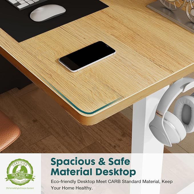 Electric Standing Desk Adjustable Height 63 x 24 Inch Sit and Stand Desk with 2 Hooks and Wire HolesHome Office Desk Ergonomic Workstation Computer DeskYellow