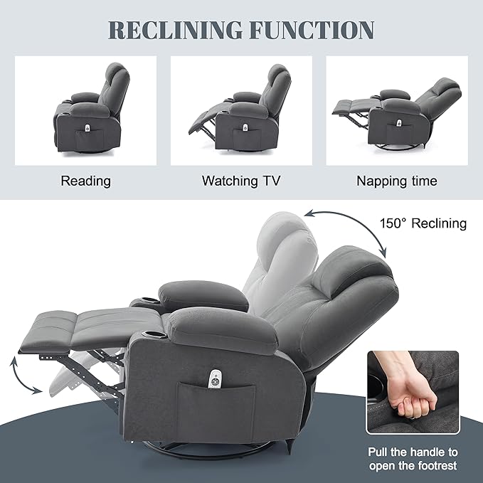 Oversized Swivel Rocker Recliner Chair with Heat and Massage Big Large Recliner Chair for Living Room 360 Degree Swivel Rocking Single Sofa with Cup Holders and USB Port (Fabric Darkgrey)