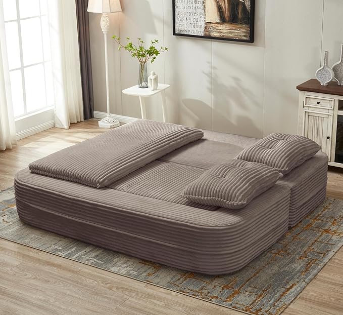 Sleeper Sofa with Chaise Lounge Convertible Sectional Couch Bed Plush Corduroy 3-Seat Sofa with Blanket Deep Seat King Size Sleeper for Small Apartment No Assembly Required (Coffee)
