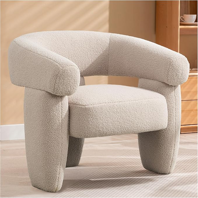Mid Century Modern Accent Barrel Chair Comfy Upholstered Round Armchair with Montage Design Sherpa Boucle Lounge Chair for Living Room Bedroom Apartment Light Brown