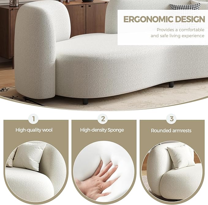 Modern Curved Sherpa Sofa Small Loveseat Couch with Solid Wood Frame &amp Thick Cushion Comfy Upholstered Sofa for Living Room or Apartment – Ivory White