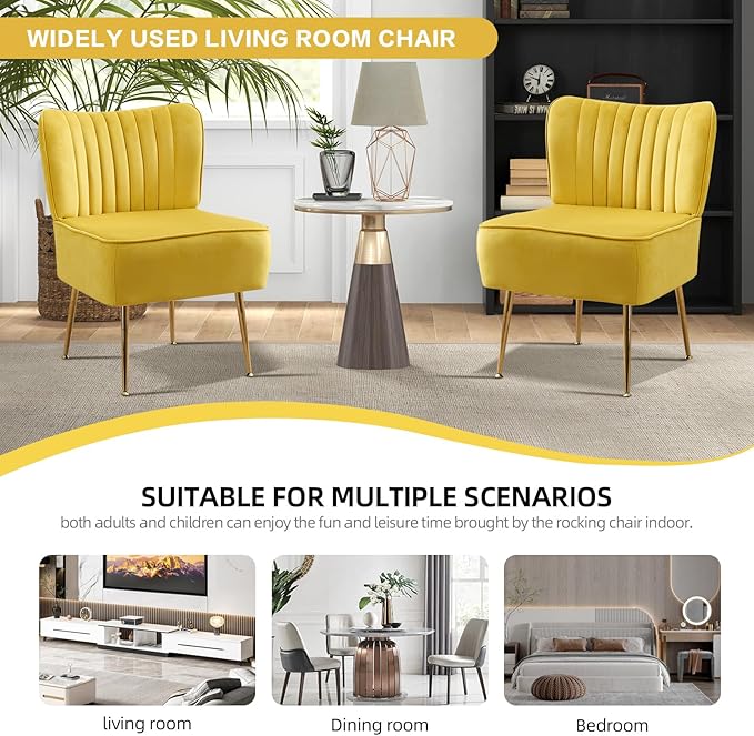 Velvet Accent Chairs Set of 6Modern Armless Living Room ChairsUpholstered Wingback Sliper Chair Single Sofa Chair with Golden LegsSmall Corner Chair for BedroomGuest RoomYellow