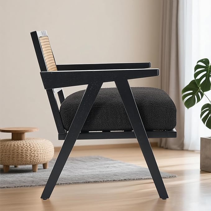Mid Century Modern Accent Chair Comfy Living Room Chairs with Sturdy Wood Legs Rattan Backrest &amp Beige Thick Linen Cushion Armchair for Bedroom Balcony Apartment Black
