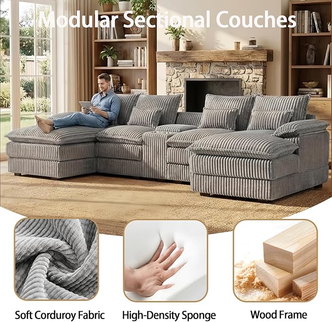 124.8'' U Shaped Cloud Couch Sectional Modular Sectional Couches with Deep Seat Comfy Fluffy Plush Corduroy 5-Seat Sofa with Storage Console Cup Holders &amp USB Charging for Living Room(Light Gra