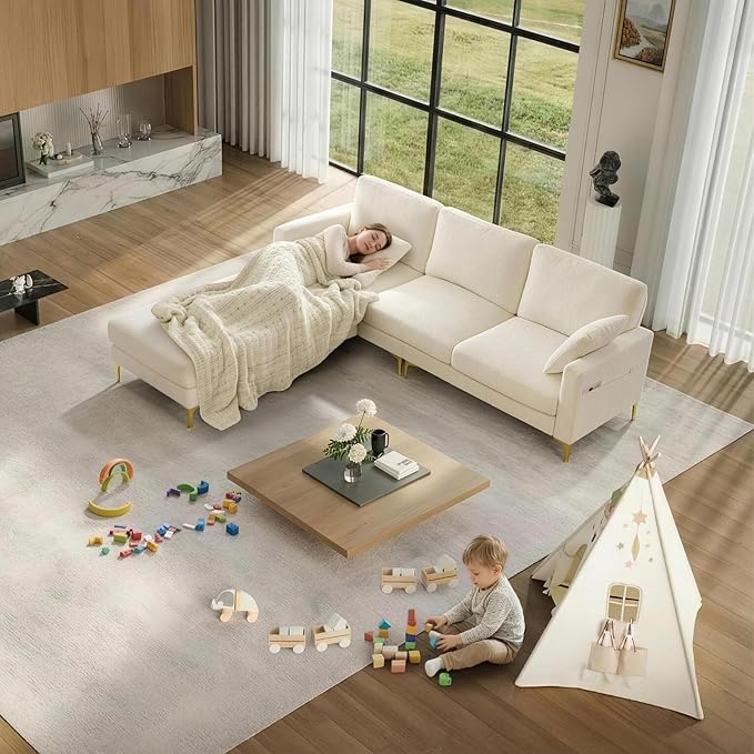 VINGLI 100 W U Shaped Couch with Ottoman 22 Deep Seat Comfortable Sectional Couches for Living Room 3 Seater Chenille Fabric Cloud Sofa for Apartment Small Spaces Bedroom Beige
