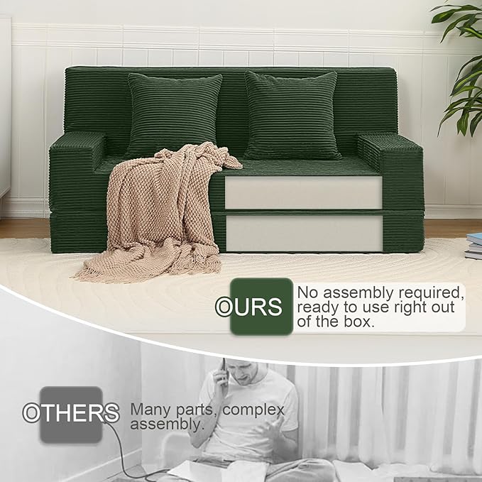 MeMoreCool Boneless Loveseat Sofa Bed – Dark Green Corduroy Convertible Futon Couch Foldable Floor Sleeper with Foam &amp Pillow Washable Cover for Bedroom Apartment Small Living Room