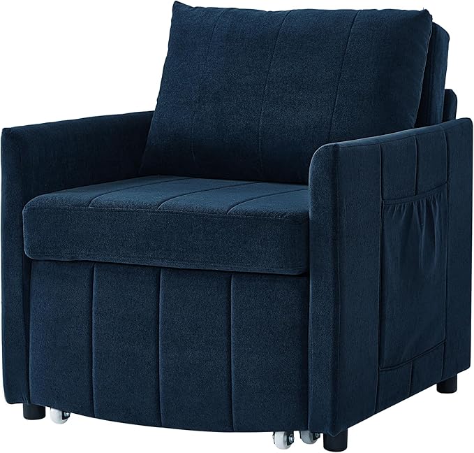 Pull Out Sofa Bed for Living Room 31.5 Upholstered Convertible Sleeper Sofa 3-in-1 Convertible Sleeper Chair with 5-Position Adjustable Backrest Side Pockets and a Storage Basket (Blue/352)