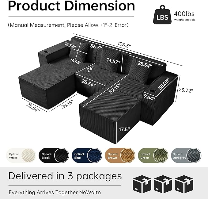 Cloud Modular Sectional CouchBoneless Corduroy Sofa for Living RoomU Shaped Sofa with OttomanDeep SeatNo Assembly Required (Black U Shaped 3 Seater + 2 Ottoman)