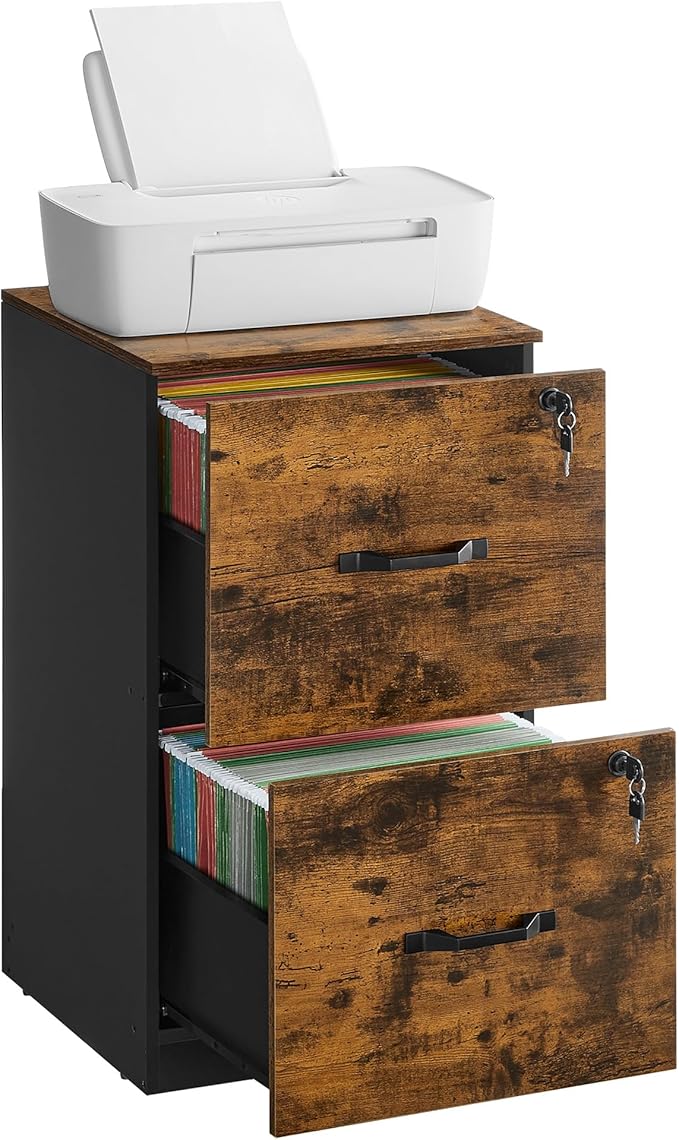 VASAGLE 2 Drawers File Cabinet with Lock Printer Stand Office Filing Cabinet Organizer for A4 and Letter Size Documents Rustic Brown and Ink Black UOFC061B01