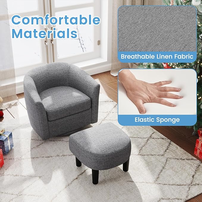 Giantex Swivel Accent Chair with Ottoman Modern Barrel Club Chair w/Footrest Curved Backrest &amp Armrests Removable Seat Cushion Swivel Single Sofa Arm Chair for Living Room Bedroom Office Gr
