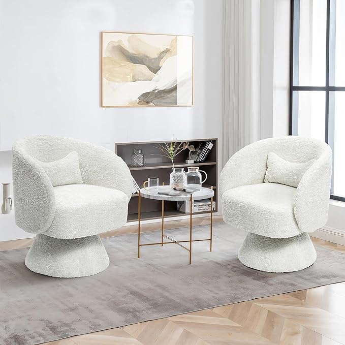 LuxenHome Swivel Barrel Accent Chair Club Swivel Chair with Upholstered Boucle Accent Chair with 360 Wood Base Arm Chairs for Living Room Bedroom Nursery Accent Sofa Chairs Cream