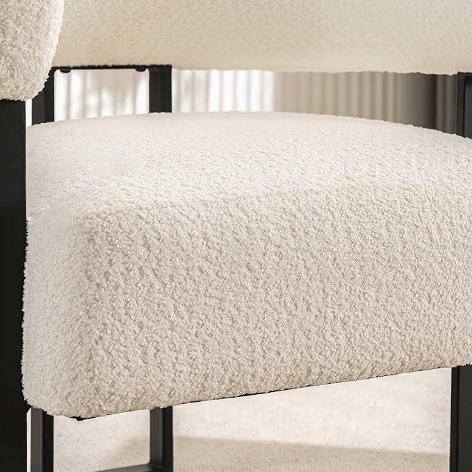 YOUNIKE Accent Chair White Upholstered Teddy Velvet Single Sofa Modern Corner Round Padded Armrest Club Boucle Armchair for Living Room Bedroom Office Hotel Lounge Nursery Apartment Black Metal Stand