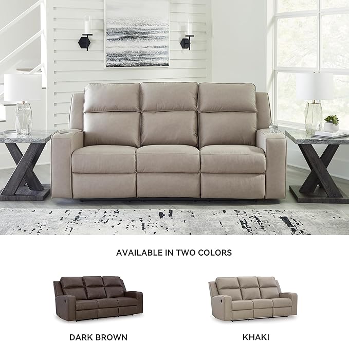 Signature Design by Ashley Lavenhorne Contemporary Faux Leather Manual Reclining Sofa with Drop Down Table Cup Holders and USB Ports Beige