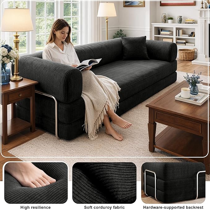 78 Inch Folding Convertible Sofa Bed 4-in-1 Oversized Cloud Corduroy Upholstered Boneless Couch Loveseat Sleeper with Pull Out Bed Modular Futon Floor Sofa Couch for Living Room Bedroom Lounge