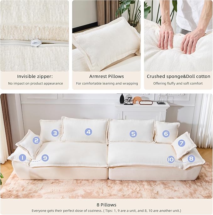 138 Modular Cloud Couch Sectional Couch with Deep Seats Wide Armrests and Multiple Pillows Boneless Couches Sofas Loveseat for Bedroom/Living Room/Apartment/Office (White)