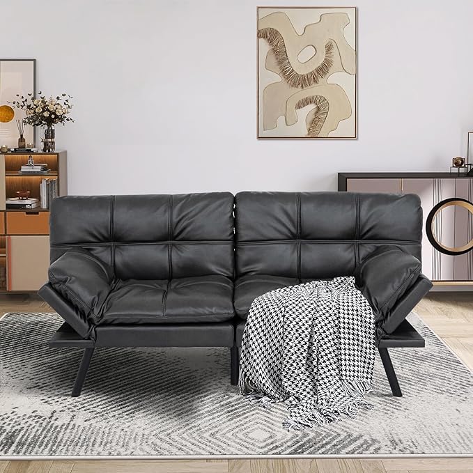 MUUEGM Futon Couch with 71 Adjustable High Density Memory Foam Futon Sofa Bed Modern Design Sofa Bed for Living Room Sleeping and Relaxing(Leather Matte Black)