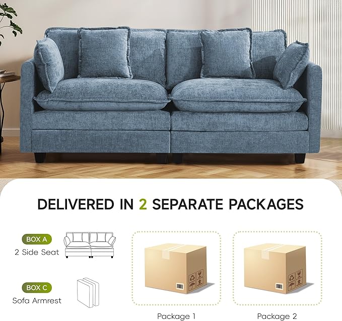 2-Seater Cloud Couch Oversized Comfy Modular Sectional Sofa with Deep Seat Cushions Chenille Loveseat for Living Room Apartment &amp Small Spaces Blue