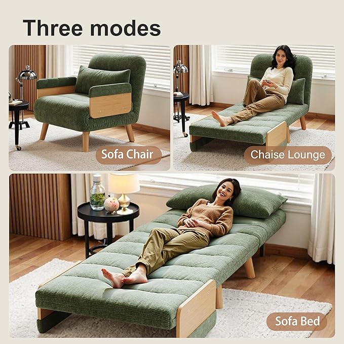 Convertible Sleeper Sofa Bed 3 in 1 Foldable Couch Bed with Reclining Backrest for Living Room Bedroom (GreenComfort/35.43)