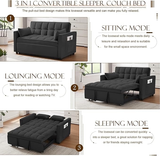 Velvet Pull Out Sleeper Sofa Bed Convertible Futon Couch Bed with Adjustable Backrests 3 in 1 Modern Loveseat with 2 Pockets and Pillows Small Love Seat for Living Room Guest Room Office Black