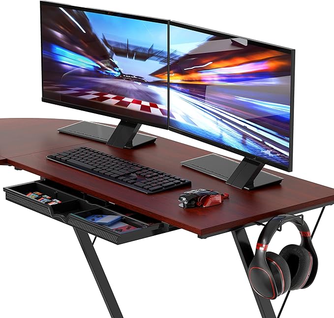 SHW 51 x 51 Inches Vista L-Shaped Desk with Monitor Stand and Drawer Cherry