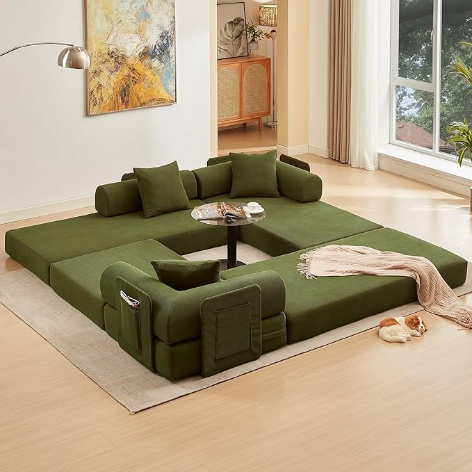 L Shaped Convertible Modular Sofa Bed with Cylindrical Pillow &amp Reversible Chaise Corduroy Folding Floor Sofa Couch Bed with Fixed-Shape Frame &amp Storage Pocket for Living Room Green