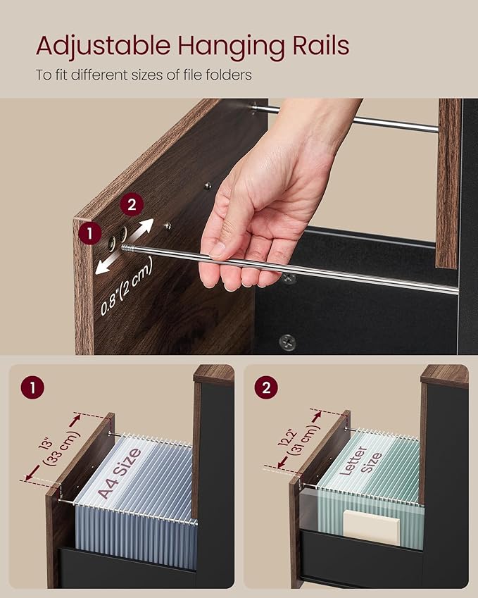 VASAGLE 2-Drawer File Cabinet Small Rolling Filing Cabinet for Home Office Printer Stand for A4 Letter-Size Documents 15.7 x 16.5 x 27.6 Inches Natural Walnut and Ink Black UOFC040K01