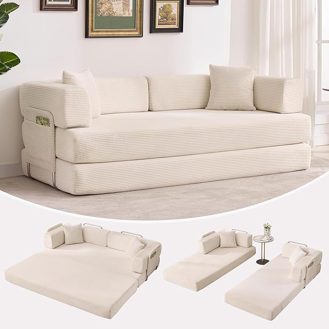 Convertible Sleeper Sofa Bed 78.8 Floor Sofa Bed 5-in-1 Folding Mattress Couch Loveseat with Fixed-Shape Frame Pillow Corduroy Fabric for Living Room Bedroom Lounge Beige