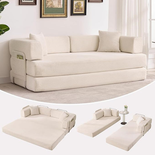 Convertible Sleeper Sofa Bed 78.8 Floor Sofa Bed 5-in-1 Folding Mattress Couch Loveseat with Fixed-Shape Frame Pillow Corduroy Fabric for Living Room Bedroom Lounge Beige