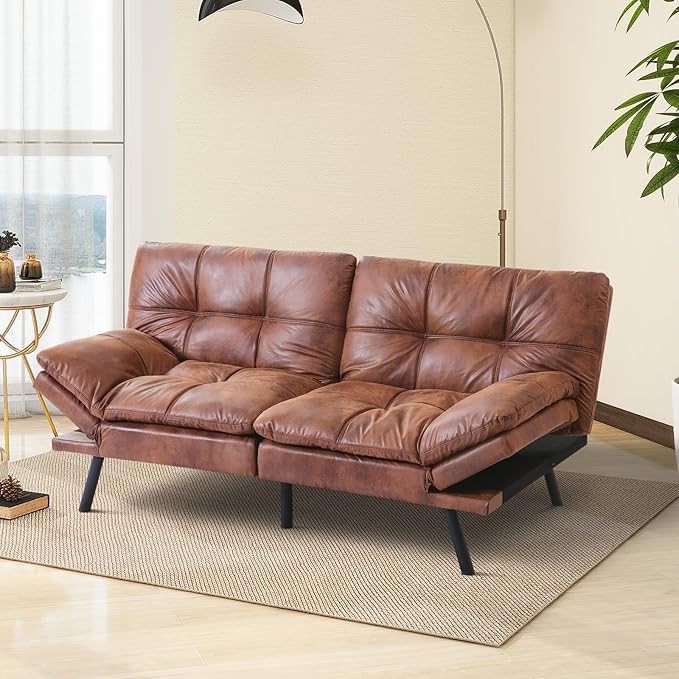 Futon Sofa Bed Convertible CouchMemory Foam Futon Sofa CouchSleeper Futons Sofa CouchesSmall Splitback Modern Loveseat Sofa Bed for Living RoomOfficeApartmentFaux LeatherBrown.