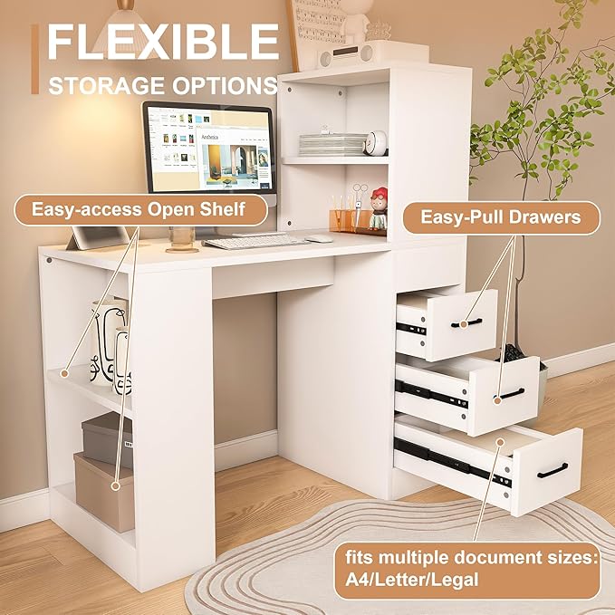 Modern Computer Desk for Home Office Spacious 55 Writing Desk with 4-in-1 Power Outlet 3 Smooth Slide Drawers &amp 4-Tier Storage Shelf for Laptop PC &amp Office Essentials (White)