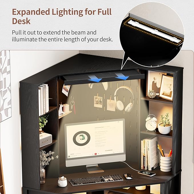 HNEBC Home Office Desk with Power Outlet &amp Chariging StationL-Shaped Corner Desk with Pull-Out LED LightsComputer Desk with Hutch &amp 10 ShelvesPegboards for Work &amp StudyBlack