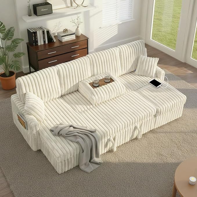 104 U Shaped Sleeper Sofa Bed Sectional Couches for Living Room Plush Corduroy Pull Out Couch Bed with Storage Modular Sectional Couch with Charging Station Cup Holder Side Pocket Beige