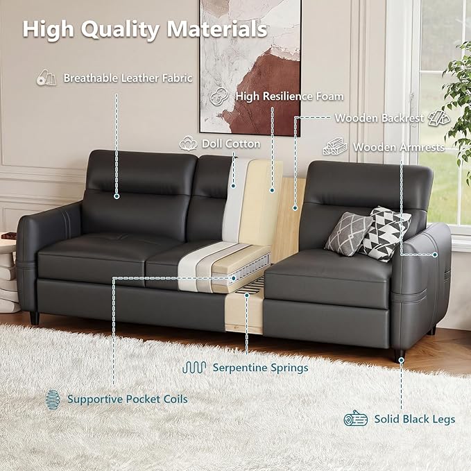 STHOUYN 85” Black Faux Leather Couch with USB 3 Seater Sofa for Living Room Large Mid Century Modern Office Couch for Apartment Bedroom