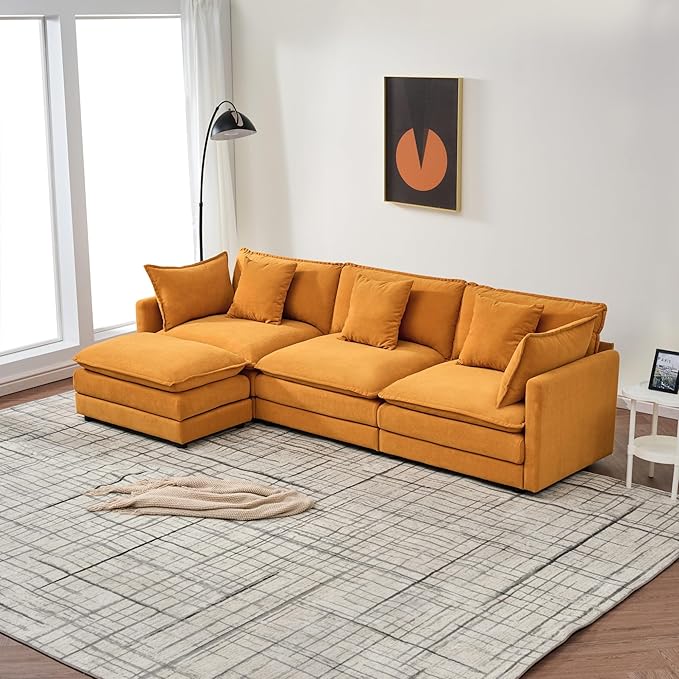 Modular Convertible Sectional Couch L-Shaped 4 Seat Sofa with Reversible Chaise Deep Seat Cloud Couch Sleeper Sofa Bed Chenille Fabric with Pillow for Living Room Bedroom and Apartment