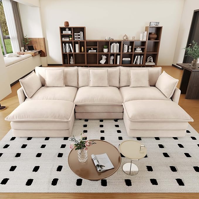 111.5 Chenille Modular Sectional Sofa Comfy Cloud Couch Sectional Sofa Modern 3 Seat Couch Deep Seat Sofa for Living Room Bedroom Apartment (Light Coffee 111.5Inch-U Shape)