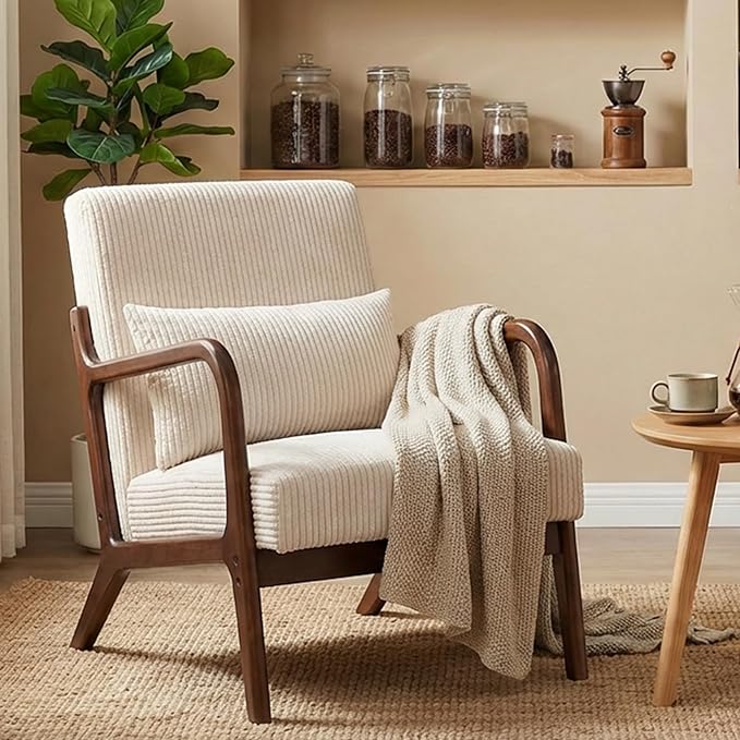 Mid Century Modern Accent Chair Upholstered Corduroy Armchair with Lumbar Pillow Solid Rubberwood Frame for Living Room Bedroom Waiting Room White