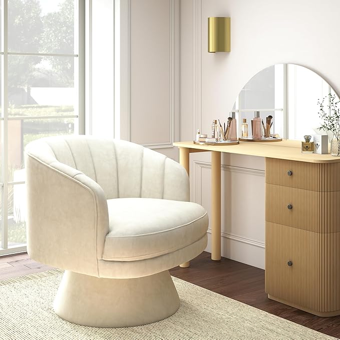 Swivel Accent ChairUpholstered Velvet 360° Swivel Barrel Chair for Living Room Overstuffed Bouncle Reading Chair Round Armchair for BedroomVanityOffice (Beige)
